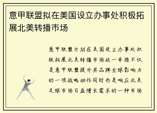 意甲联盟拟在美国设立办事处积极拓展北美转播市场 意甲联盟拟在美国设立办事处积极拓展北美转播市场